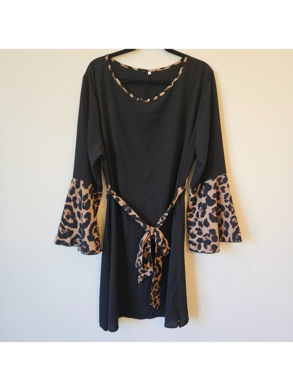 Black Bell-Sleeve Dress With Leopard Print Accents Waist Tie 3XL whimsy whitchy
